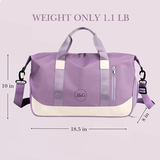 J&G Waterproof Gym Duffel Bag – Lightweight Travel & Sports Bag with Shoe Compartment and Wet Pocket for Men & Women – Carry-On Weekender for Gym, Beach, Trips – 8 Colors (Light Purple)