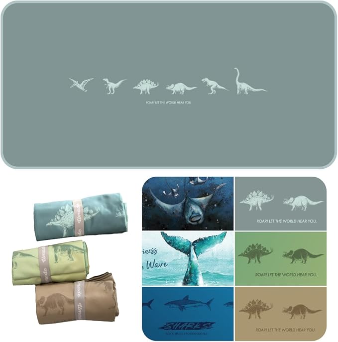 Umade Microfiber Quick Dry Towel, 59" x 29.5" - Compact Lightweight Travel/Backpack/Camping/Yoga Towels with Hanging Loop & Elastic Strap, Dinosaur Design (Mossy Green)