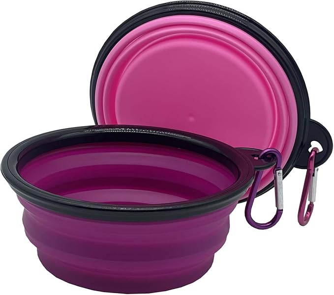Small Collapsible Dog Bowl 12oz,2 Pack Portable and Foldable Pet Travel Bowls with 2 Carabiners & Lids for Dogs Cats and Small Animals (Purple+Pink, 350ml)
