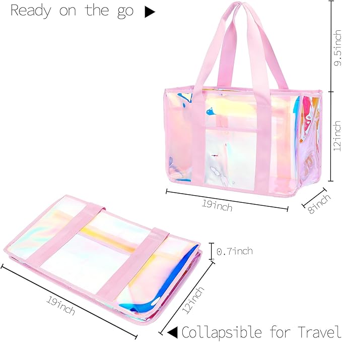 Iridescent Clear Beach Bag for Women, Large Pool Tote Cruise Vacation Essentials - Waterproof, Zipper Closure