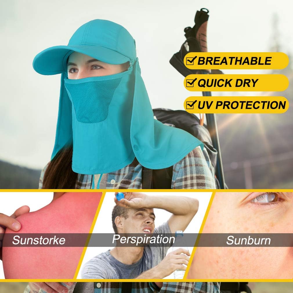 Foldable Sun Cap, Fishing Hats, UPF 50+ Protection Caps with Face Mask Neck Flap