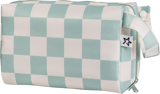 Tiny Twinkle Waterproof Travel Toiletry & Makeup Bag Organizer | Makeup Pouch with Multiple Compartments & Snap Handle for Travel | Gift for Teen Girls and Women（Sage Checkers