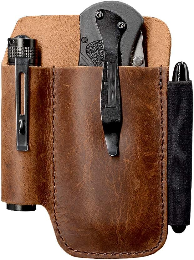 diodrio EDC Leather Knife Sheath Organizer Pouch with Pen Loop, Full Grain Leather, Chestnut