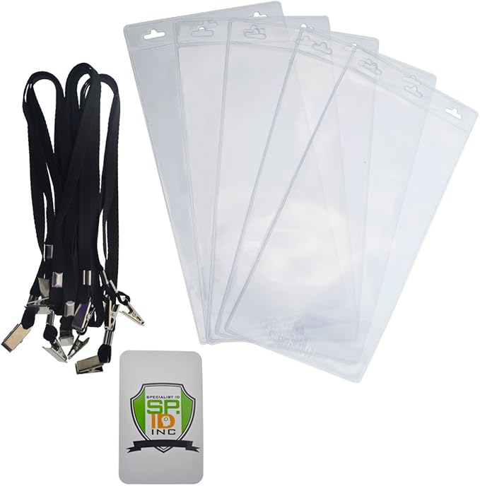 5 Pack - Extra Large 4 x 8 Inch Ticket & Event Credential Badge Holders with No Twist Double Sided Lanyards with Two Bulldog Clips, by Specialist ID (Black)