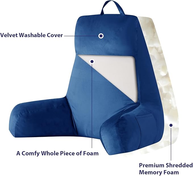 Reading Pillow with Arms for Adult, Back Pillow for Bed Sitting Up, Shredded Memory Foam Backrest Pillow with Pockets & Removable Washable Cover, Lounging, Watching TV, Reading(24" Navy Blue)