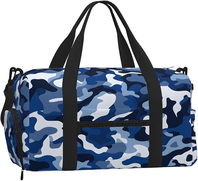 Sports Gym Bag Nave Blue Military Camo Travel Duffel Bag With Shoe Compartment Shoulder Strap, Lightweight Water-Resistant Weekend Overnight Totes For Women Men