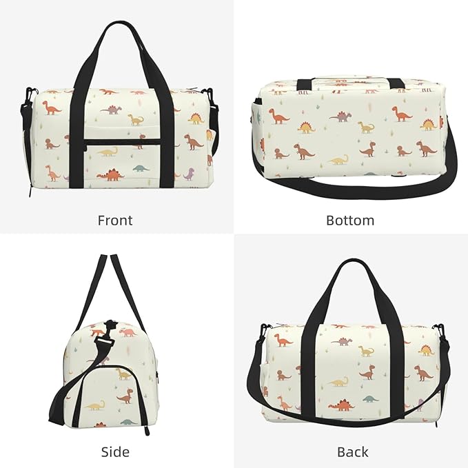 Cute Dinosaurs Print Gym Bag with Shoe Compartment for Women Men, 17.7in Sports Duffle Weekender Tote, Overnight Travel Duffel Bag Carry On
