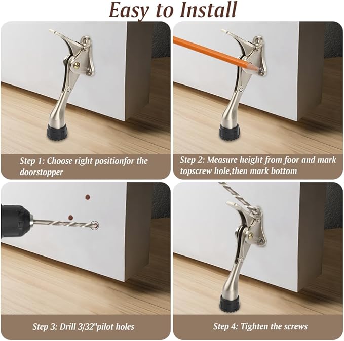 Kickdown Door Stopper 4 Inches - 2 Packs One Touch Adjustable Height Door Stop for The Bottom of Door The Bottom of Door Aluminum Alloy Metal Door Stopper with Rubber Tip White