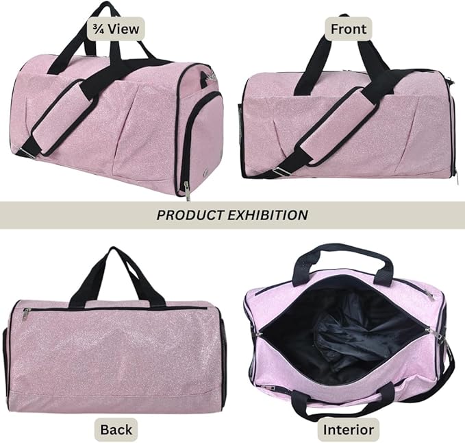 NGIL Glitter Cheers Sports Gym Duffel with Shoe Compartment and Small Carry on Travel Tote Bags for Women, Gym bag, Overnight bags for Women, Cheer Bag (Glitter-Pink)