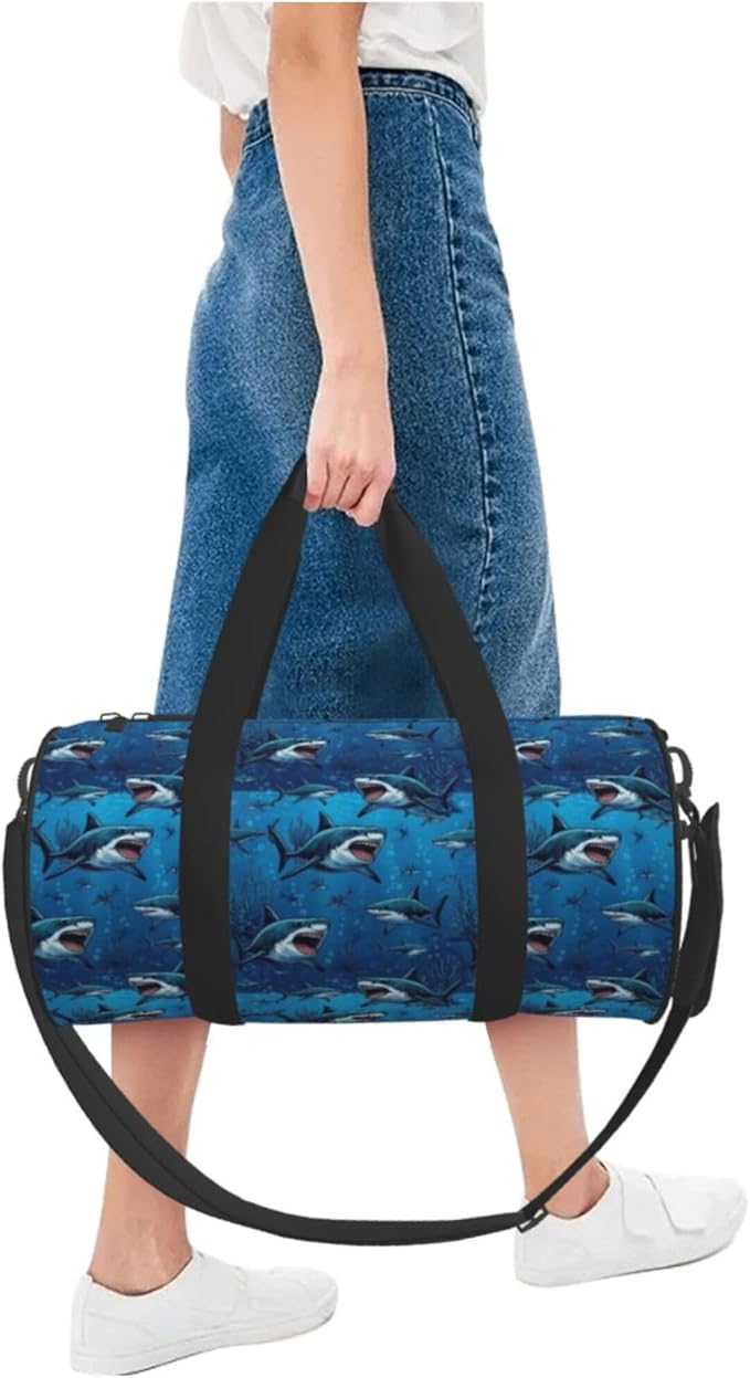 Small Gym Bag Waterproof Duffle Bag Cool Dinosaur And Ocean Sharks for Men Women Workout Bag for Travel, Sports, Fitness, Training, Yoga, Hospital