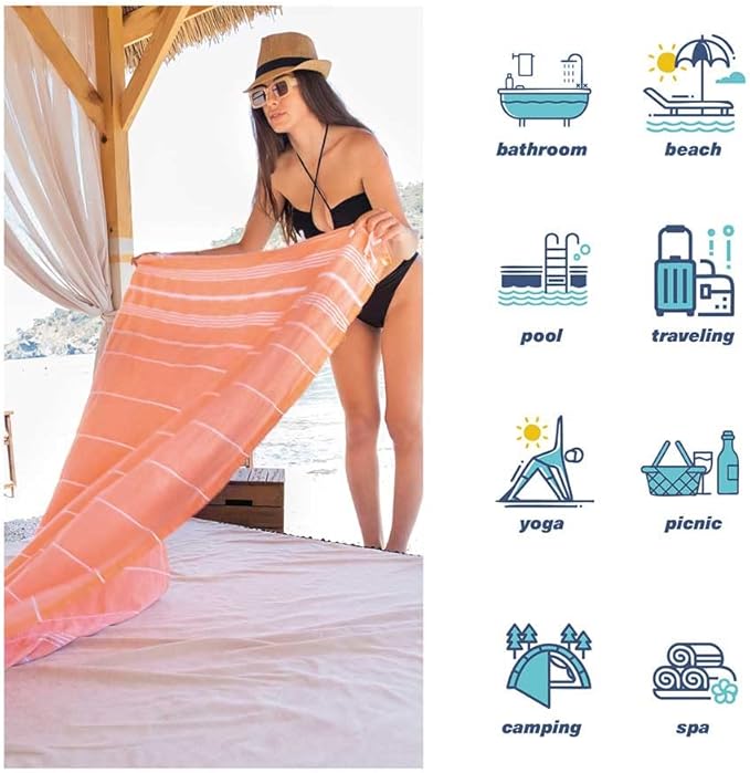 Hencely Turkish Beach Towel 37x68 Oversized, Sand-Free, Quick-Dry, Lightweight - Travel Essential for Pool & Bath - Striped 100% Cotton Bathroom Towels Accessories Gift (Coral)