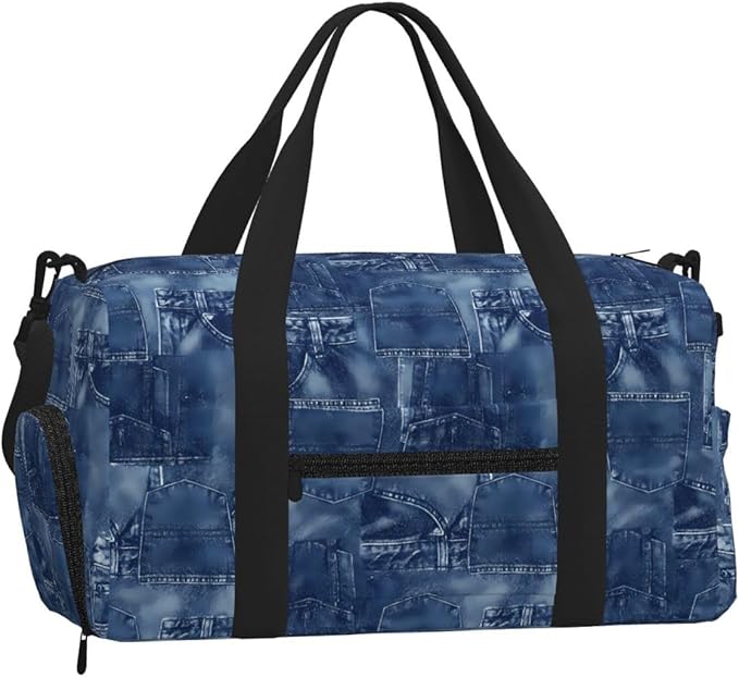 Denim Material Women'S Gym Duffle Bag With Shoes Compartment, Ideal For Travel, Gym, Sports, Duffel, Weekender