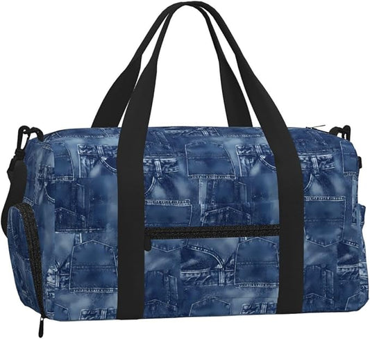 Denim Material Women'S Gym Duffle Bag With Shoes Compartment, Ideal For Travel, Gym, Sports, Duffel, Weekender