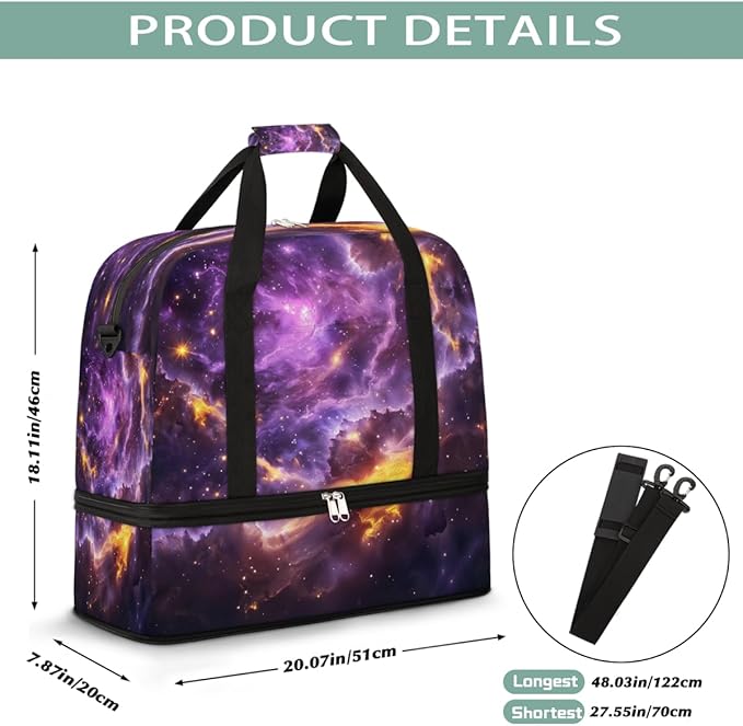 Purple Gold Abstract Nebula Large Weekender Bag with Shoe Compartment Travel Duffel Bags for Women Carry On Hospital Overnight Bag Foldable Personal Item Travel Bags Tote Gym Sports Airplanes