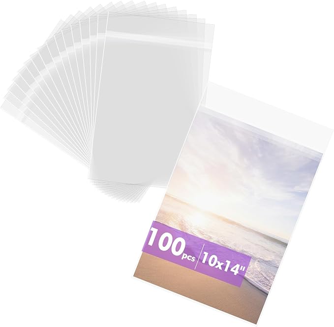 Mat Board Center 10x14 Inches Crystal Clear Sleeves Storage Bags, 100 Pack Self Sealing Cellophane Bags for Clothing,Prints, Photos