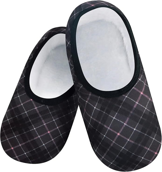 Snoozies Cozy Womens Slipper Socks with Grips Plaid Lines Sherpa-Lined Non-Slip House Slippers