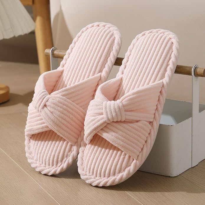 House Slippers for Women Corduroy Cross Bow Indoor Slippers Open Toe Slip On Bedroom Shoes with Memory Foam
