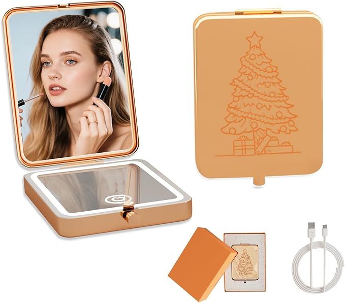Rose Gold Rechargeable LED Pocket Mirror, 3 Color Dimmable Light 1x/3x Magnifying Compact Travel Makeup Mirror, Portable Folding Handheld Lighted Purse Mirror for Women Christmas Stocking Stuffer Gift