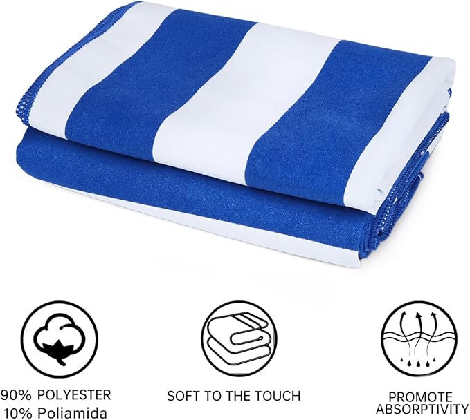 2-Pack Microfiber Beach Towels Set (63"x31.5" + 31.5"x16") | Oversized Quick Dry Sand Free Travel Towel for Beach Pool Gym Camping (Blue)