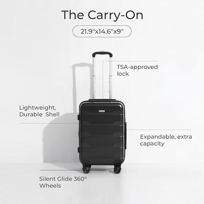Quatish Carry On Luggage 22x14x9 Airline Approved with Spinner Wheels, 22 inch Expandable Hard Shell Suitcase with TSA Lock, Smooth Rolling Wheel for Lightweight Travel for Men Women, Black