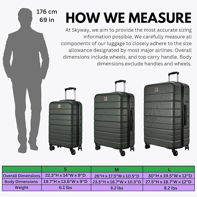 Skyway Epic 2.0 Hardside Lightweight and Durable ABS Shell Luggage, Spacious with Dual Spinning Wheels, Comfort Grip, Men and Women, 24-inch Medium Check-In, Thyme