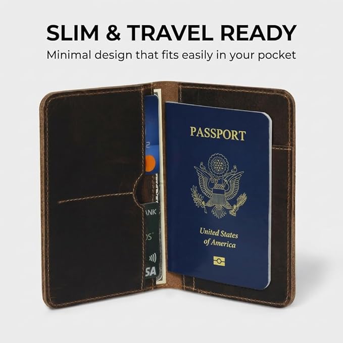 Rustique Leather Passport Holder Collection - Handmade Travel Wallet & Organizer - Full Grain Crazy Horse Leather Covers for Men & Women (Multiple Styles) (Document Organizer - Smoky Bourbon)