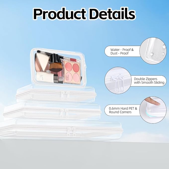 3Pcs Clear Hard Shell Zipper Case -Pouch Bag Plastic Storage Packing Cube Transparent Sided Organizer Lightweight Foldable Container Box for Travel, Pencil, Cosmetics, Toiletry, Toy(MMM)