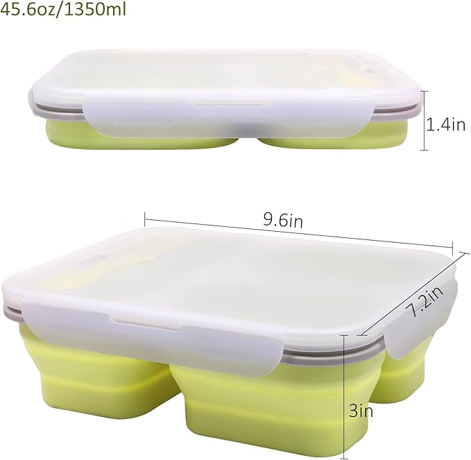 2 Pack Big Collapsible Silicone Bento Lunch Boxes With Lids spoons forks,3 Compartments, Divided Lunch Food Storage Containers, Safe in Microwave, Dishwasher and Freezer, 45.6oz (Yellow+Green)