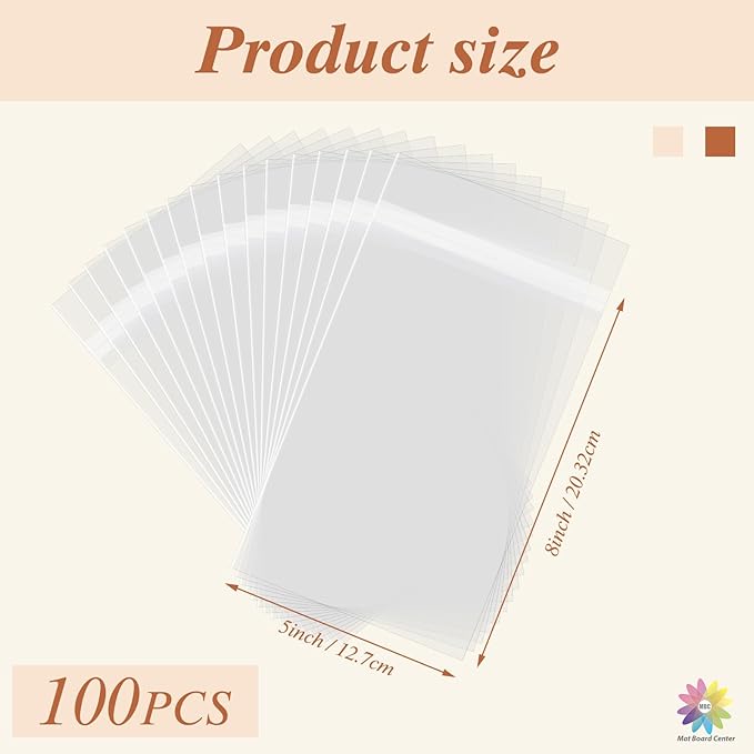 Mat Board Center 5x8 Inches Crystal Clear Sleeves Storage Bags, 100 Pack Self Sealing Cellophane Bags for 5x8 Prints, Photos, Cards