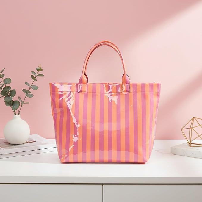 JQWYGB Striped PVC Tote Bag Large Glossy Striped Handbags Waterproof Top Handle Bag Plastic Tote Handbag Beach Travel Work
