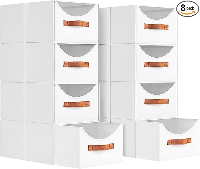 Stackable Storage Drawers - Collapsible Storage Bins with Drawers, 8 Pack Closet Shelf Organizer Basket, Fabric Pull Out Organizer for Bedroom, Living Room, Dorm, White