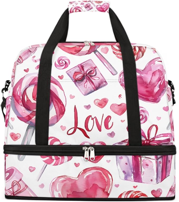 Pink Heart Candy Gift Large Weekender Bag with Shoe Compartment Travel Duffel Bags for Women Carry On Hospital Overnight Bag Foldable Personal Item Travel Bags Tote Gym Sports Airplanes