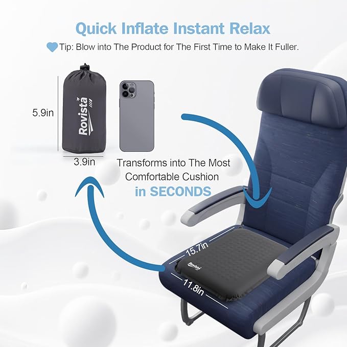Self-Inflating Airplane Seat Cushion for Long Flights – Portable Travel Cushion Airplane Seat - Memory Foam Travel Seat Cushion Providing Pressure Relief (Grey, 15.7" x 11.8" x 2")