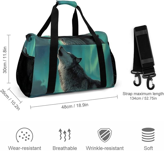 Wolf Howling Moon Northern Lights Duffle Bag Gym Bag for Workout Travel Tote with Detachable Straps