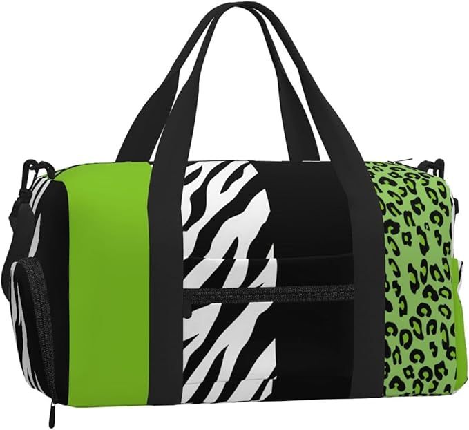 Leopard Print, Zebra Print, Animal Print, Green Women'S Gym Duffle Bag With Shoes Compartment, Ideal For Travel, Gym, Sports, Duffel, Weekender