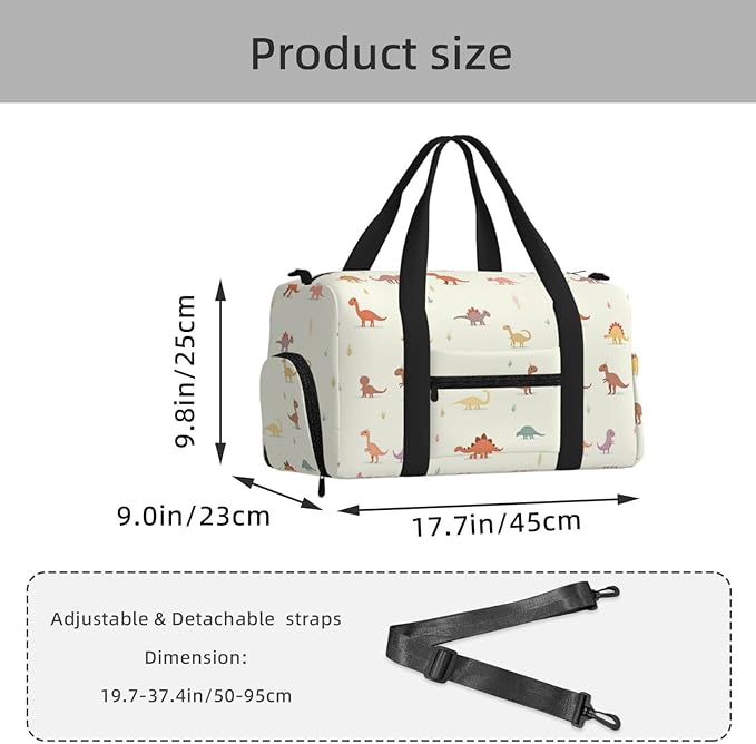 Cute Dinosaurs Print Gym Bag with Shoe Compartment for Women Men, 17.7in Sports Duffle Weekender Tote, Overnight Travel Duffel Bag Carry On