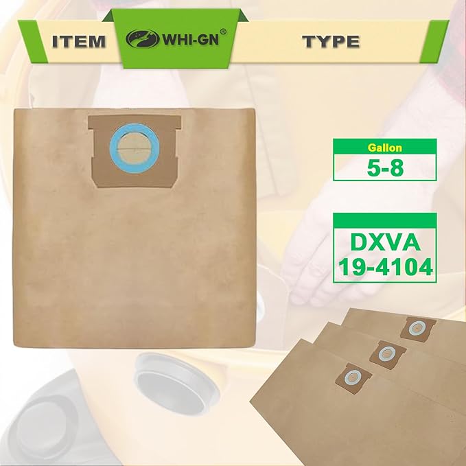 5 Pack DXVA19-4104 Vacuum Bags Replacement for Dewalt 8 Gallon Shop Vac Bags DXV08SA, compatible with DEWALT 5-8 Gallon Wet/Dry Vacuums, Disposable High Efficiency Filter Bags