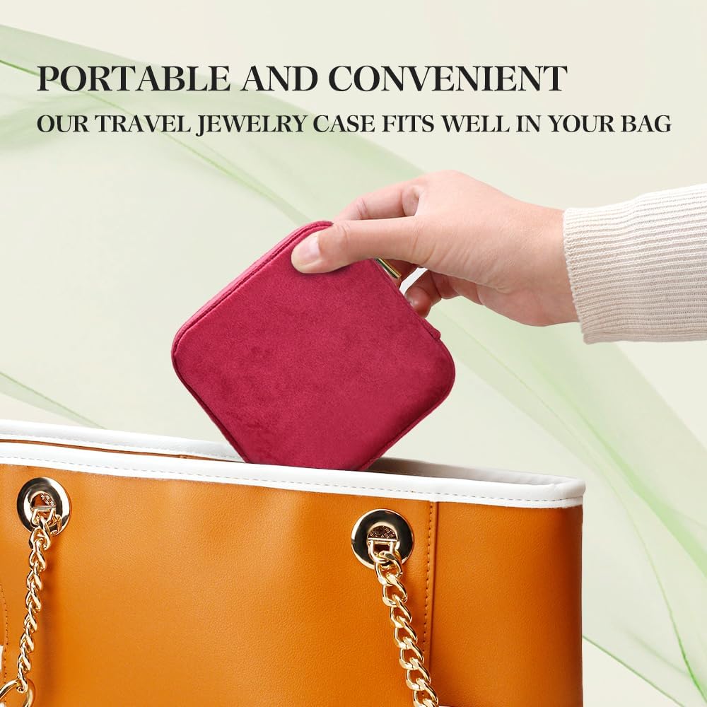 Travel Jewelry Case, Small Plush Velvet Jewelry Box for Women and Girls, Portable Jewelry holder organizer for Rings Earrings Necklaces Bracelets(Magenta)
