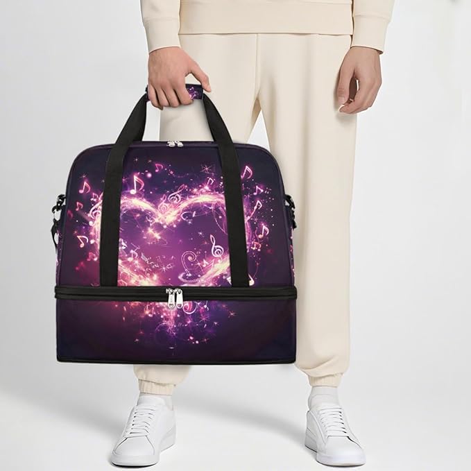 Pink Musical Note Heart Large Weekender Bag with Shoe Compartment Travel Duffel Bags for Women Carry On Hospital Overnight Bag Foldable Personal Item Travel Bags Tote Gym Sports Airplanes