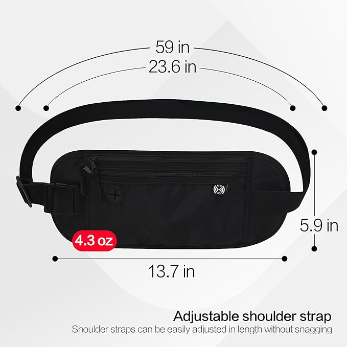 TRAVELSAFE Slim RFID Blocking Money Belt for Travel - Anti-Theft Hidden Passport Holder Waist Wallet with Secure Pouch for Cash, Credit Cards & Phone Safe (B-Black)