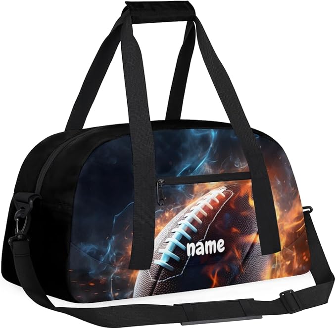 Personalized Boys Gym Bags, Custom Name Sport Bags for Training Travel Overnight Weekender Flame American Football