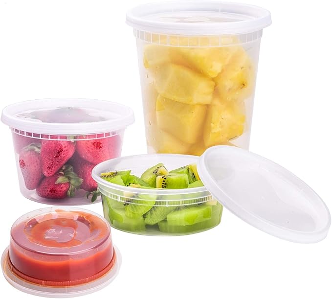 TashiBox 24 Sets Plastic Deli Food Containers With Lids, 8 oz 16oz 32oz, 8 sets each, Airtight Food Storage Containers, Freezer/Dishwasher/Microwave Safe, Soup Containers For Takeout Food Storage