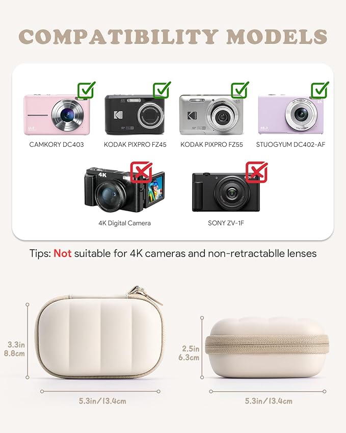 Digital Camera Case Compatible with CAMKORY DC403/ KODAK PIXPRO FZ55/ FZ45/ STUOGYUM DC402-AF, Small Hard Shell Bag with SD Card Storage for Travel (Beige