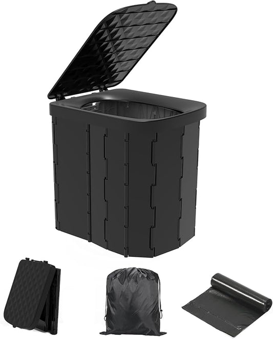 XL Portable Folding Camping Toilet - Travel Potty for Adults, 12 Toilet Bags, 12 Pack Liquid Waste Gel, Black