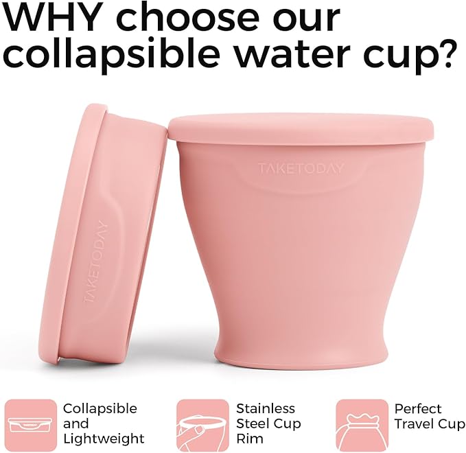 TakeToday Collapsible Travel Cup 8 oz - Silicone Foldable Water Cup, BPA-Free with Lid & Waterproof Bag - Drinking Cup Set for Camping, Outdoors & International Travel（Lowcountry Peach）