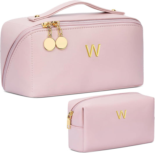 Birthday Gifts for Women Teen Girl, Personalized Initial Makeup Organizer Bag Set, Open Flat Travel Cosmetic Bag With Clear Divider and Handle(Pink,W)