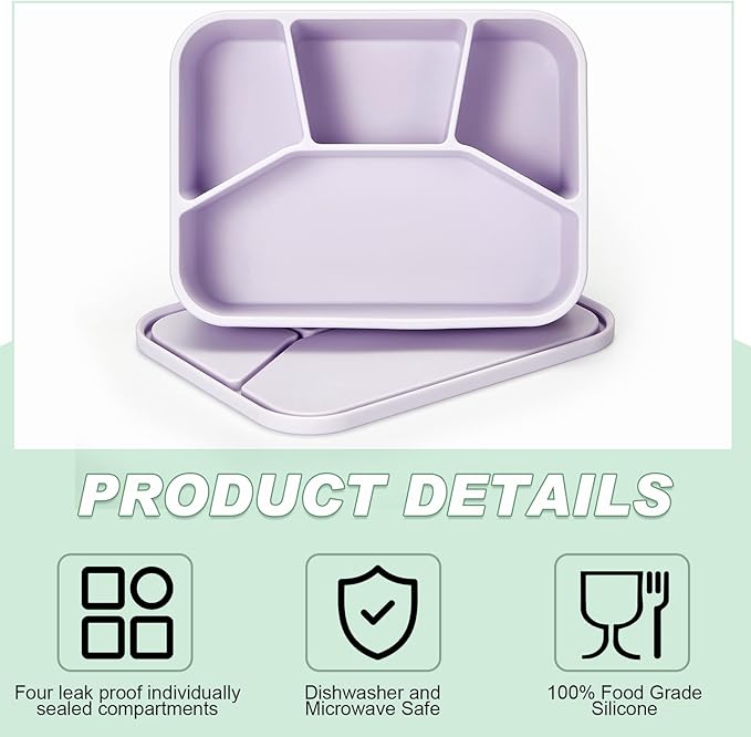 4 Pcs Silicone Bento Box Reusable Lunch Container Smooth Leak Proof Lunch Box Rectangle Bento Boxes for Adult Work Travel Food Meal Compartment Storage, 4 Colors (Light Color)
