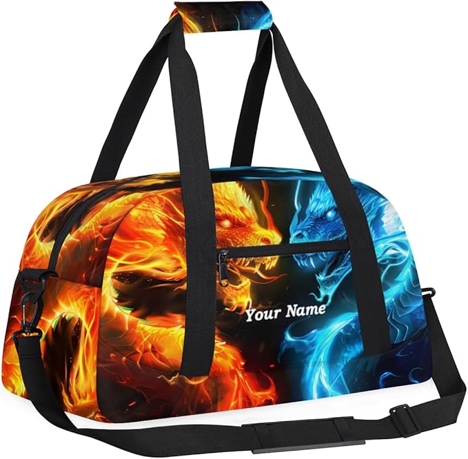 Custom Name Fire and Ice Dragon Boys Gym Travel Duffle Bag with Front Zipper Pocket Personalized Sport Bag for Overnight, Weekender, Carry On,Workout & Dance, 18.9 * 8.7 * 10.6 in