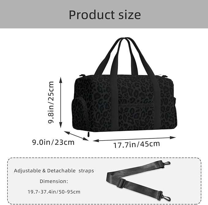 Black Gray Leopard Print Sports Gym Bag For Men Women Travel Duffel Bag With Shoe Compartment Water Resistant Gym Bag Carry On Duffel Bag For Yoga Gym Sports Weekend Traveling