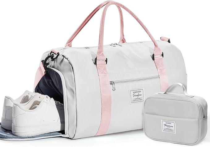 Gym Bag Womens Mens with Shoes Compartment and Wet Pocket Travel Duffel Bag for Women for Plane Sport Gym Tote Bags with Toiletry Bag Waterproof Weekend Overnight Carry on Bag Hospital Holdalls